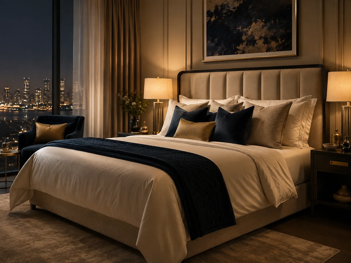 Elegant bedroom with layered premium bedding.