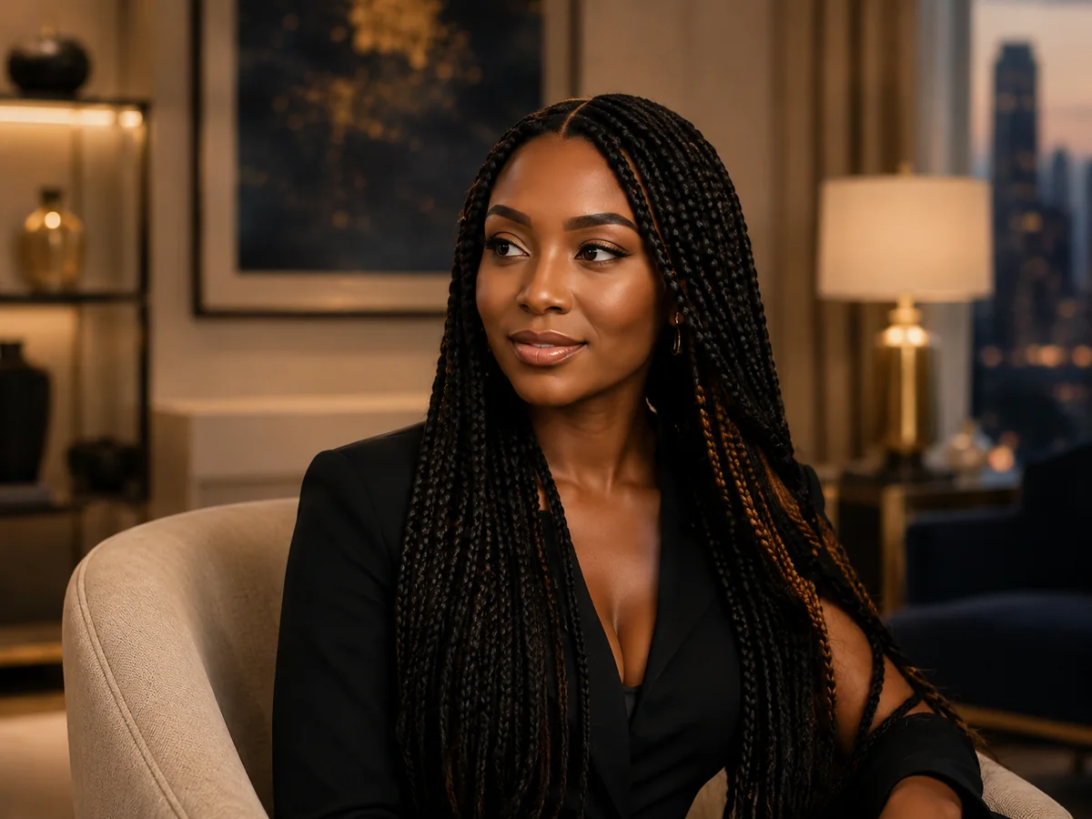 Woman wearing a premium long braided wig.