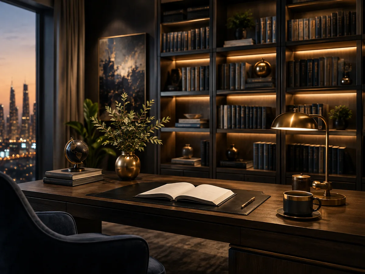 Warm reading space with bookshelves and an open book.