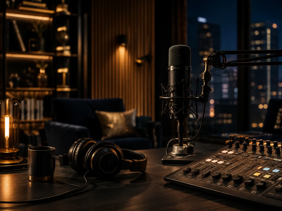 Professional radio studio with microphone, headphones and mixing console.
